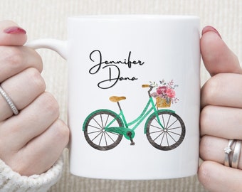 Personalized Bike Mug Spring Watercolor Flowers Beach Cruiser Gift for Teacher Drinking Coffee Cup Mothers Day Present Birthday Tea Gift