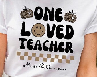 Personalized Retro Teacher Shirt, Fall Teacher Tshirt, Custom Teacher Name Tee Gift, Leopard Pumpkin Shirt for Teacher, Retro Fall Shirt