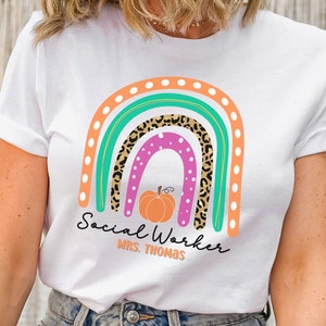 Custom Social Worker Shirt, Personalized Fall Shirt for Social Worker, Fall Boho Rainbow Tshirt, Gift for Social Worker, LCSW Tee for Her