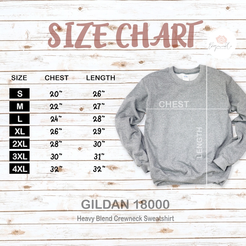 May include: Size chart for a Gildan 18000 heavy blend crewneck sweatshirt. The chart shows sizes from S to 4XL with corresponding chest and length measurements in inches.