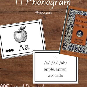 May include: Educational flashcards with the text "77 Phonogram" and "flashcards". One card features a detailed apple illustration and the letter "Aa". Another card lists the sound of "a" with example words. A vintage book is also visible.