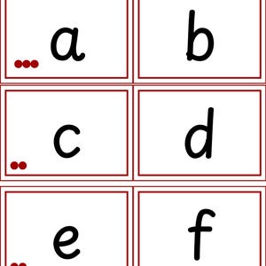 May include: Six flashcards with the lowercase letters a, b, c, d, e, and f in a bold, black font. Each letter is on a white background, framed by a thin, dark red border. Dots are next to the letters a, c, and e.