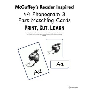 May include: A set of 44 phonogram 3-part matching cards titled McGuffey's Reader Inspired, Print, Cut, Learn. The cards feature black and white illustrations of apples and the letters Aa. The text includes a disclaimer about literacy principles.