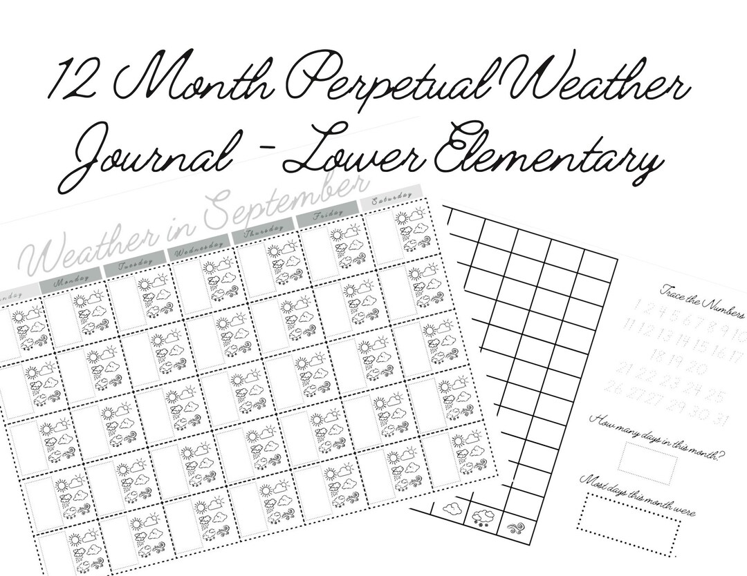 Climate Notes Cursive Cursive Weather Journal Printable | 12 Month Perpetual Calendar ...