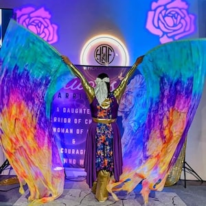May include: A person in a purple and gold costume with flowing, colorful fabric wings. The wings display a gradient of blue, green, yellow, and purple hues. The background includes text and a logo.