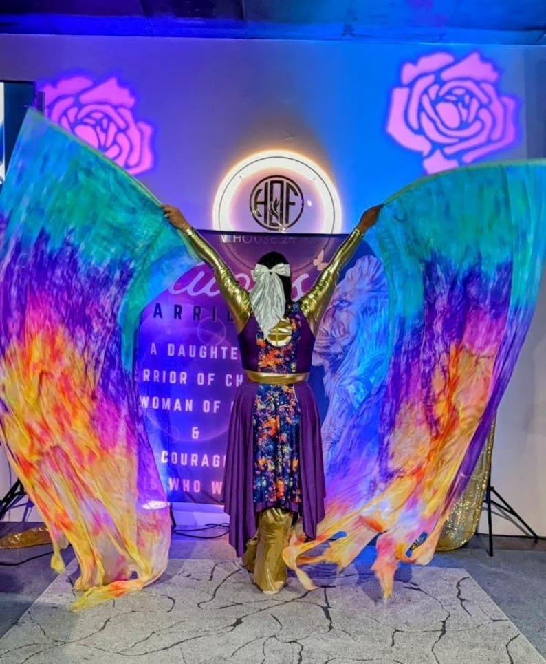 May include: A person in a purple and gold costume with flowing, colorful fabric wings. The wings display a gradient of blue, green, yellow, and purple hues. The background includes text and a logo.