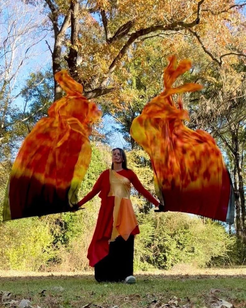 May include: A person in a red, gold, and black costume holds two large, flowing flags. The flags are a blend of red, orange, and yellow, resembling flames. The background features trees with autumn foliage and a grassy area.