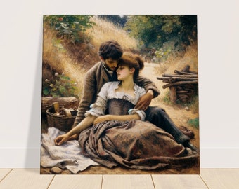 May include: A painting of a couple embracing in a forest setting. The man is wearing a brown jacket and the woman is wearing a brown dress. They are sitting on a path with a basket and other items nearby.