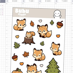 Könnte beinhalten: Ein Set mit 10 niedlichen Fuchs- und Eichhörnchen-Stickern mit Herbstmotiven. Die Sticker zeigen verschiedene Designs, darunter Füchse mit buschigen Schwänzen, Eichhörnchen, die auf Baumstümpfen sitzen, Eicheln, Blätter und Herzen. Die Sticker sind perfekt, um Planern, Tagebüchern, Laptops und anderen Oberflächen einen Hauch von Verspieltheit zu verleihen.