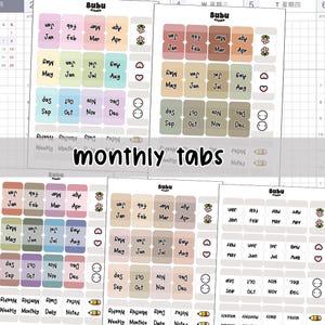 May include: A collection of sticker sheets featuring monthly tabs labeled Jan through Dec, along with Weekly, Monthly, Daily, and Notes labels. The designs include various pastel and earth-toned color palettes, small flower, heart, and face icons.