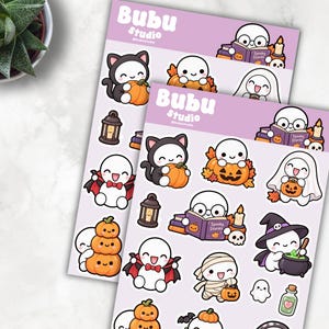 May include: Two sheets of Halloween-themed stickers featuring cartoon characters in costumes. Designs include characters dressed as cats, ghosts, vampires, and mummies, along with pumpkins, lanterns, and books labeled Spooky Stories.