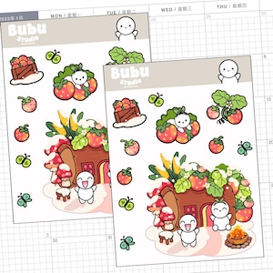 May include: Two sheets of stickers featuring strawberry-themed illustrations. The stickers include strawberries, a wooden crate of strawberries, a mushroom house, and cute cartoon characters. The stickers have a white background and are labeled "Bubu Studio".