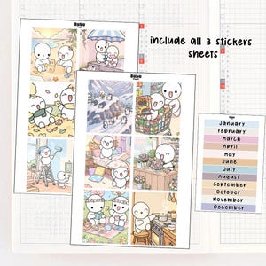 May include: Three sticker sheets featuring cartoon characters in various scenes, including beach, winter, and home activities. One sheet includes text labels for all twelve months of the year. The Bubu Studio logo is visible on each sheet.