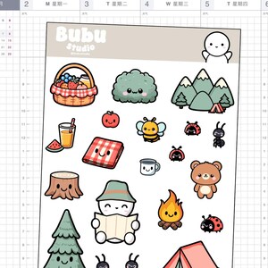 Hoja de pegatinas con garabatos para acampar | pegatinas para agendas| Pegatina de diseño hecha a mano para planificadores y bullet journaling T062