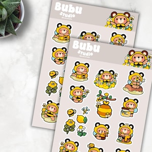 bear & bees sticker sheet | handmade design sticker for planners and bullet journaling E009