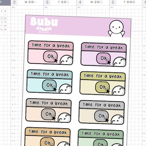 Puede incluir: Hoja de pegatinas para planificador con el texto "time for a break" en colores pastel. Cada pegatina presenta una cara de dibujos animados y la palabra "Ok". Las pegatinas son de Bubu Studio.