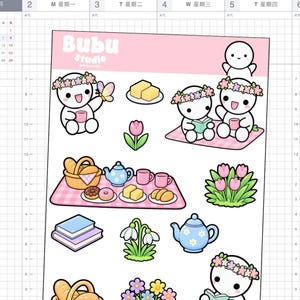 May include: A sticker sheet featuring Bubu Studio branding and various illustrations of white cartoon characters with flower crowns, a picnic scene with a basket, teapot, and pastries, along with books, tulips, and snowdrops on a grid background.