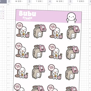 May include: Sheet of travel-themed stickers featuring a cartoon character with luggage, passport, and airplane signs. The stickers are in shades of beige, pink, and brown. The text "Bubu Studio" is at the top.