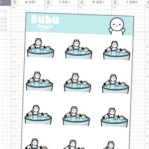 Könnte beinhalten: Neun Aufkleber mit einem Cartoon-Pinguin, der eine rosa Schleife trägt und einen rosa-blauen Strandball hält. Die Pinguine befinden sich in einem blauen Pool mit weißem Rand. Die Aufkleber befinden sich auf einem weißen Hintergrund mit einem Gittermuster.