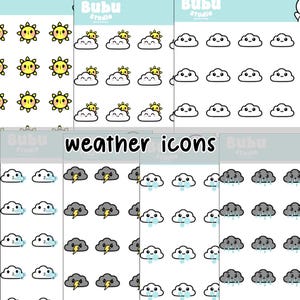 Könnte beinhalten: Blätter mit Aufklebern mit Wettersymbolen. Die Aufkleber zeigen lächelnde Sonnen, Wolken mit Sonnen, lächelnde Wolken, Wolken mit Blitzen, Wolken mit Regen und Wolken mit Schnee. Der Text "weather icons" ist ebenfalls vorhanden.