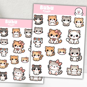hoja de pegatinas de garabatos de gatitos | pegatina de diseño de dibujo hecha a mano para planificadores y diarios de viñetas T090