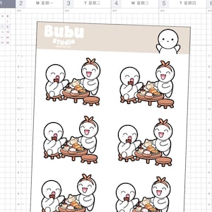 May include: Sheet of stickers featuring cartoon characters enjoying tea. The stickers show two figures seated at a small table with tea and pastries. The Bubu Studio logo is at the top.