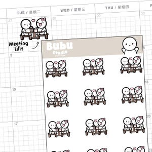 Könnte beinhalten: Planer-Aufkleber mit Paaren an einem Tisch mit Getränken. Die Aufkleber sind weiß mit schwarzen Umrissen und rosa Herzakzenten. Der Text "Meeting Lilly" und "Bubu Studio" ist ebenfalls sichtbar.