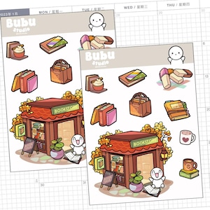 Könnte beinhalten: Zwei Stickerbögen mit Illustrationen zum Thema Buchhandlung und Bücher. Die Sticker zeigen eine Buchhandlung, Bücher, eine Tragetasche, einen Cupcake und eine Tasse. Der Text "Bubu Studio" und "BOOKSTORE" sind sichtbar.