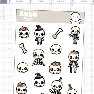 May include: A sheet of stickers featuring cute cartoon skeletons with different expressions and accessories. The skeletons are wearing hats, flowers, and bones. The stickers are perfect for adding a touch of whimsy to your planner, journal, or laptop.