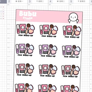 Könnte beinhalten: Ein Stickerbogen mit Make-up-Illustrationen. Jeder Aufkleber zeigt einen Lippenstift, einen Kompaktpuder, einen Pinsel, Rouge und einen Spiegel. Der Text "new make-up" steht darunter. Die Aufkleber sind in Rosa, Braun und Weiß gehalten.