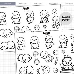 May include: Sheets of black and white washi paper stickers featuring cartoon characters, smiley faces, stars, and coffee mugs. The stickers are designed for use in planners and journals. The text "Bubu Studio" and "Washi paper" are visible.