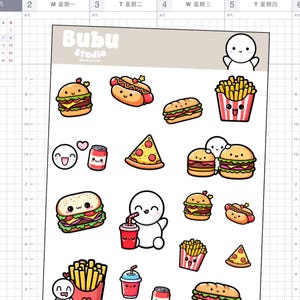 Stickervel hamburger en friet | voedselstickervel | handgemaakte designstickers voor planners en bullet journaling T109