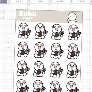 May include: Sheet of stickers featuring a cartoon character with a white body, black outline, and a happy expression. The character holds a brown bag and a lighter. The stickers are from Bubu Studio.