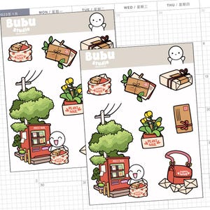 May include: Two sticker sheets with postal-themed illustrations. Each sheet features a red post box, a smiling character, packages, and a bag labeled "Happy Mail." Other stickers include plants and a red purse.