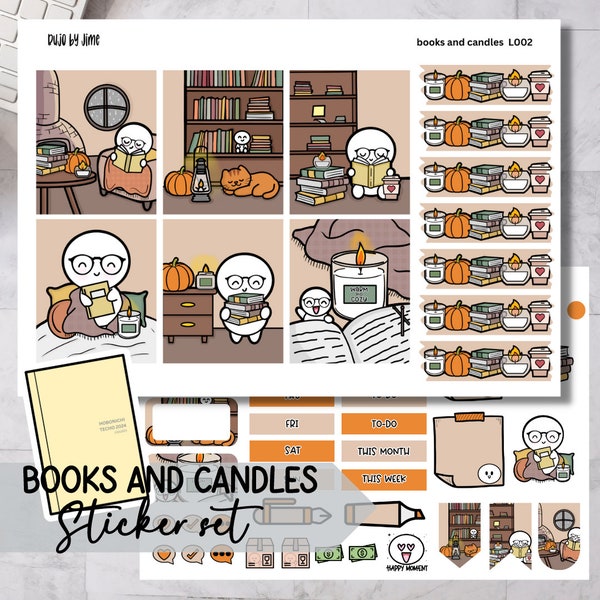 books and candles sticker sheet | hobonichi cousin sticker set | handmade design sticker for planners and bullet journaling L002L002