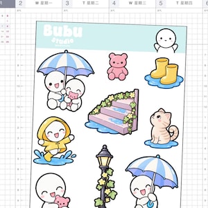 May include: A sticker sheet featuring Bubu Studio branding and various illustrations including characters under blue and white striped umbrellas, a pink teddy bear, yellow rain boots in a puddle, a cat, a lamp post with vines, and stairs.