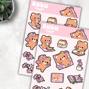 foglio di adesivi con scarabocchi grandi raffiguranti orsetto dolce con ciliegie | adesivo di design fatto a mano per planner e bullet journaling E008