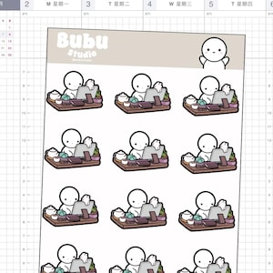 May include: Sheet of planner stickers featuring a cartoon person working at a desk with a laptop, tea set, and plant. The stickers have a white background and the text "Bubu Studio".