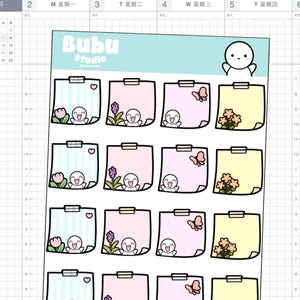 Könnte beinhalten: Bogen mit Planer-Aufklebern mit bunten Haftnotizen, die niedliche Cartoon-Figuren, Blumen und Schmetterlinge zeigen. Die Aufkleber sind in Pastelltönen von Blau, Rosa und Gelb gehalten. Die Aufkleber sind mit dem Text "Bubu Studio" beschriftet.
