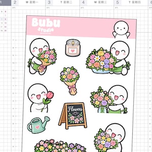May include: A sticker sheet featuring cartoon characters with white round heads and green aprons holding various flower bouquets. Includes a lit candle, a watering can, and a wooden sign with the text Flowers and floral illustrations.