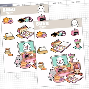 May include: Two sticker sheets featuring cute illustrations of a desk setup with a computer, cat, coffee, and pancakes. Other stickers include a phone, alarm clock, and calendar. The stickers are labeled "Bubu Studio".