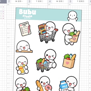 May include: A sticker sheet featuring Bubu Studio characters engaged in grocery shopping. The illustrations include a shopping list, a character in a cart with cereal, a character holding a grocery bag, a character eating chips, and various food items.