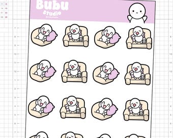 Puede incluir: Una hoja de 16 pegatinas con un personaje de dibujos animados con una cabeza redonda y una pequeña boca. El personaje está sentado en un sofá con una almohada y una manta. Las pegatinas están sobre un fondo blanco con un patrón de cuadrícula.