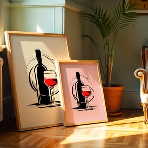Wein Wand Kunst 5er Set | Minimalistische Weinglas- und Flaschendrucke | Moderne Küche Bar Dekor | Buntes druckbares Wein-Poster-Bundle | Digital