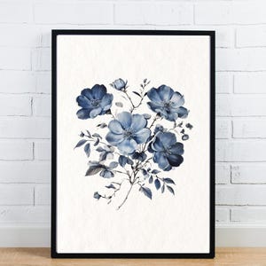 Vintage Blue Flower Wall Art Printable, Floral Digital Download, Poster, Blue Wildflower Art Print, Large Gallery Wall, Instant Download