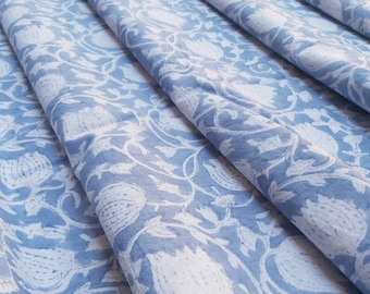 New Era Creation Sky Blue Indian Floral Hand Block Printed 100%Cotton Cloth, Fabric by the Yard, Curtain,Pillow,Cushion,Craft for Home, Robe