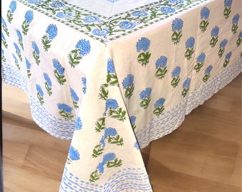 Sky Blue Floral Hand Block Printed Cotton Tablecloth Set, Indian Boho Farmhouse Dining Linen
