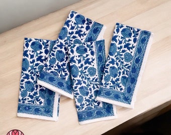 Delft Blue Floral Cotton Napkins, Hand Block Printed, Set of 4