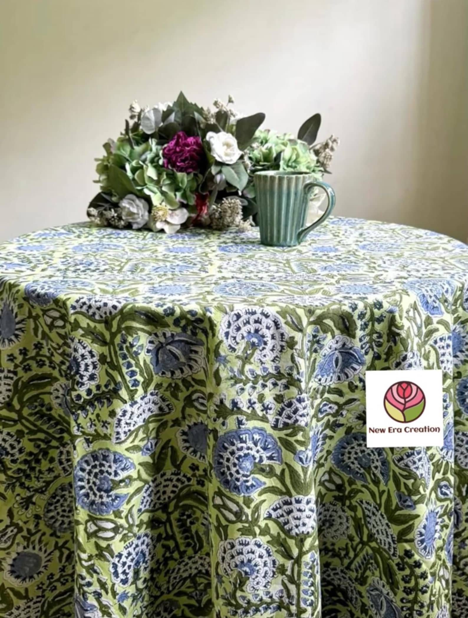 NEC Floral Block Printed Round Tablecloth:Sage Green Cotton Table Cover linen tablecloth,boho tablecloth,Rustic farmhouse - 6 SEATER ROUND: 90 inches