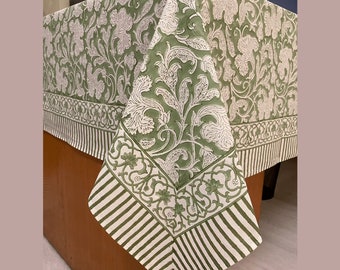 Sage Green Hand Block Print Cotton Tablecloth, Indian Floral Boho Table Linen